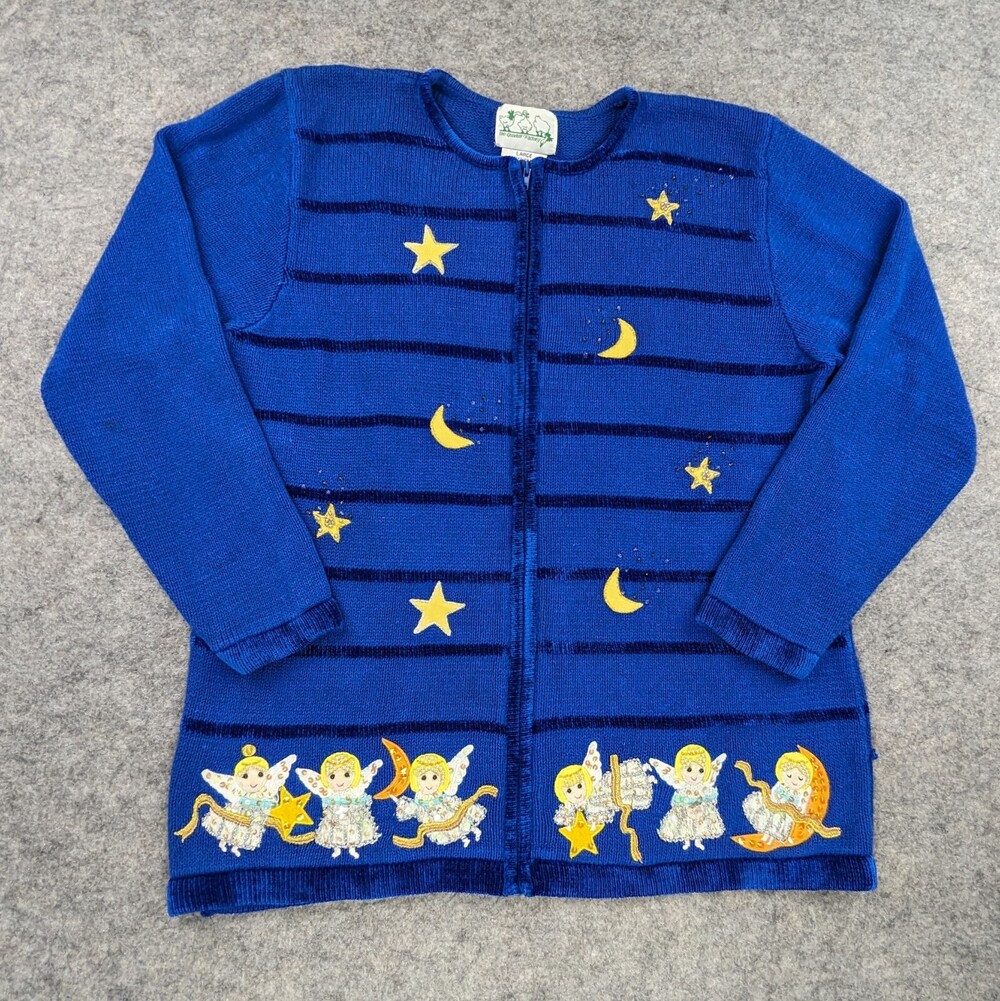 Quacker Factory Sweater Large Blue Cardigan Vintage Angels Night Sky Stars Moon